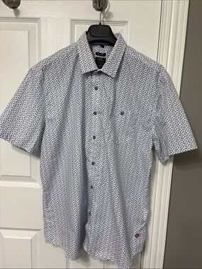 Point Zero White Short-Sleeve Button-Down with Navy Micro Print